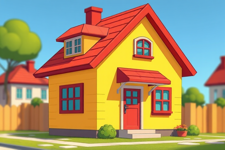 Regenerate a colorful cartoon-style house illustration with a red roof and yellow walls, using a 50mm lens, f/2.8 aperture, ISO 100, shot from a low angle for depth, utilizing a digital camera with high resolution settings.
