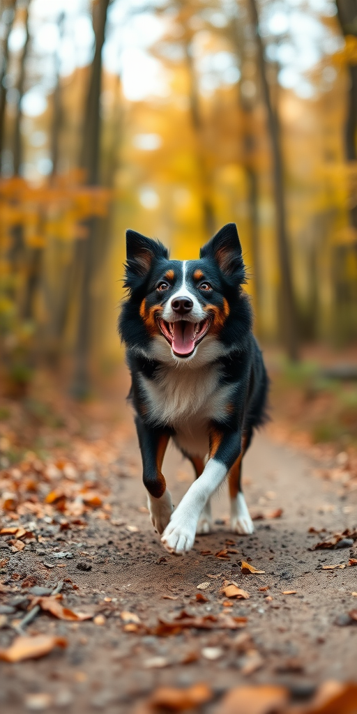 A happy Border Collie running on a forest trail during autumn, with soft natural lighting and a shallow depth of field, captured with a Canon EOS R5, 50mm lens, f/1.8, ISO 200, shutter speed 1/500s, taken at eye level for an engaging perspective.