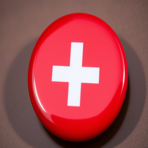 Create a high-resolution image of a red circular button with a white cross inside it, using a DSLR camera with a 50mm lens, aperture set to f/2.8, ISO 100, shot from a slightly elevated angle, using natural lighting to highlight the button's glossy surface and shadow for depth.