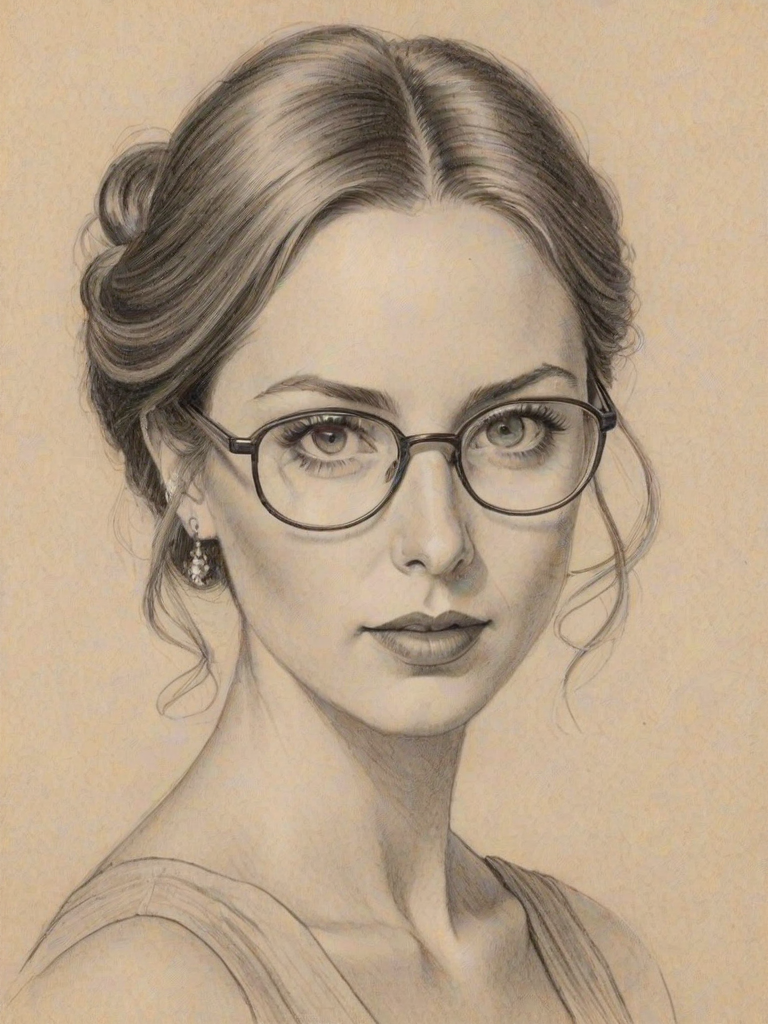 Sublime Eva Amurri Martino, pencil sketch, portrait of Charming woman 1925s in glasses, hair style beatnik, outline, clear lines, fine lines, 8k