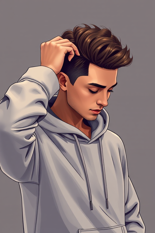 Create a high-resolution illustration of a person in a hoodie applying a changeable hairstyle, captured with a Canon EOS R5 at f/2.8, ISO 100, 50mm lens, in a soft-focus studio setting, emphasizing sharp details and smooth lines.