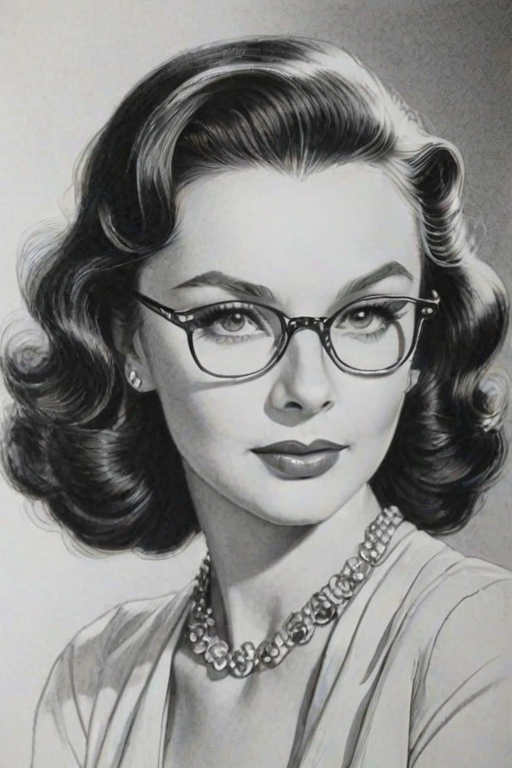 Exquisite Vivien Leigh, pencil sketch, portrait of Dazzling woman 1979s in glasses, hair style beatnik, outline, clear lines, fine lines, 8k