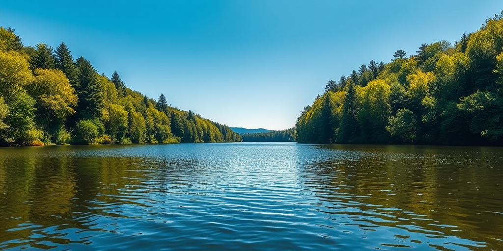 Create a high-resolution image of a serene landscape featuring a calm lake surrounded by lush green forests under a clear blue sky, captured with a Canon EOS 5D Mark IV, 24-70mm lens, aperture f/8, ISO 100, 1/250 sec shutter speed, wide-angle view for enhanced depth.