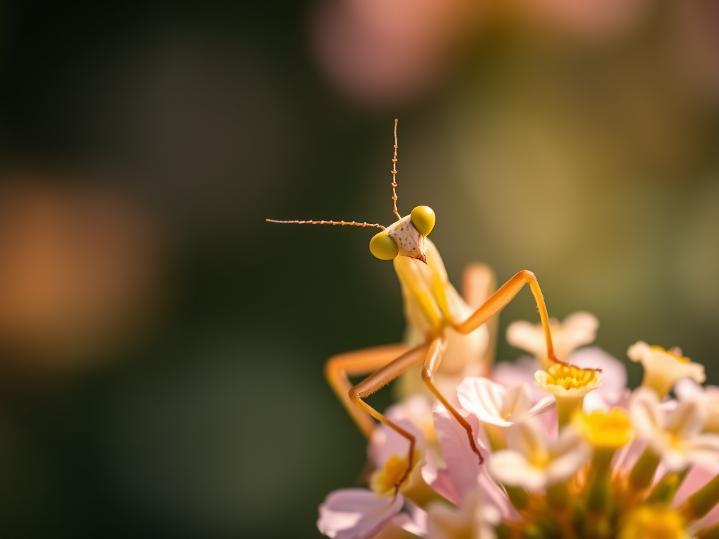 Capture a close-up of a praying mantis perched on flowers with soft focus in the background, using a macro lens at f/2.8, shutter speed 1/250s, ISO 200, 105mm focal length, natural sunlight, photography style emphasizing depth of field and vibrant colors.