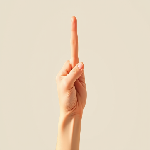 Create an illustration of a hand showing a single raised finger in a minimalist style, using a Canon EOS R5 with a 50mm lens, f/1.8 aperture, ISO 100, 1/200s shutter speed, soft natural lighting, and a shallow depth of field for enhanced focus on the hand.