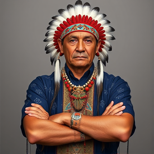 Create a dignified portrait of a Native American man dressed in traditional attire. He wears a beautifully crafted headdress adorned with white feathers and red beads, along with a beaded headband featuring intricate patterns. His clothing includes a deep blue, patterned shirt and a traditional chest piece with detailed beadwork. His arms are crossed, displaying leather armbands decorated with feathers. The background is simple and neutral, emphasizing his proud and stoic expression. The overall image captures the rich cultural heritage and strength of his persona.