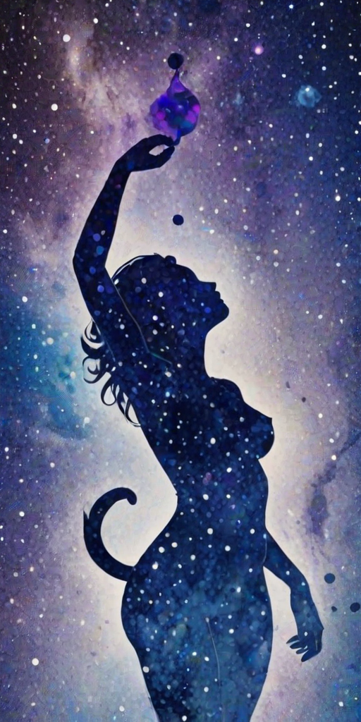 Captivating conceptual render alcohol ink art, double exposure, the paint strokes artfully merge combining a woman's full silhouette with a Swinging monkey's silhouette. The figures are composed of a series of colored dots, lines & spots that evoke the image of a cosmic galaxy, colors are deep shades of blue purple & black with flashes of white & silver representing distant stars. The woman's silhouette is formed within the lion's silhouette from constellations of scattered stars, surreal