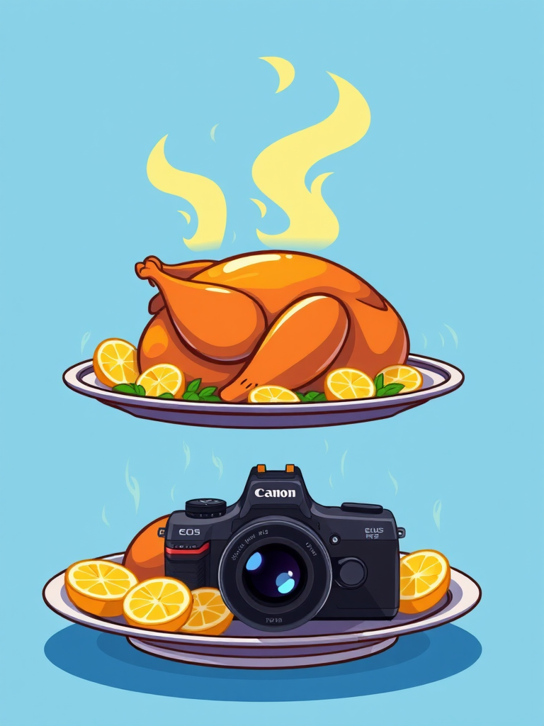 Generate an illustration of a roasted turkey on a platter with lemon slices, steam rising from it, bright blue background, using a Canon EOS R5 camera, f/2.8 aperture, 35mm lens, in a vibrant, colorful cartoon style.