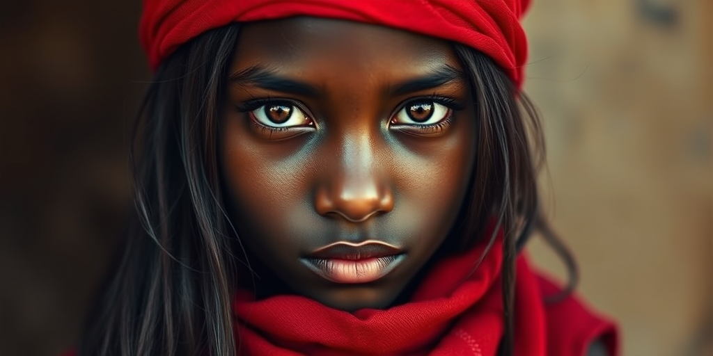 Create a portrait of a young Melanesian male with long, dark hair and captivating hazel eyes. She is wearing a red headscarf and a matching scarf draped gracefully around her neck. The background is softly blurred, focusing attention on her serene and natural expression. The overall color palette is muted and warm, enhancing the intimate and authentic feel of the portrait.