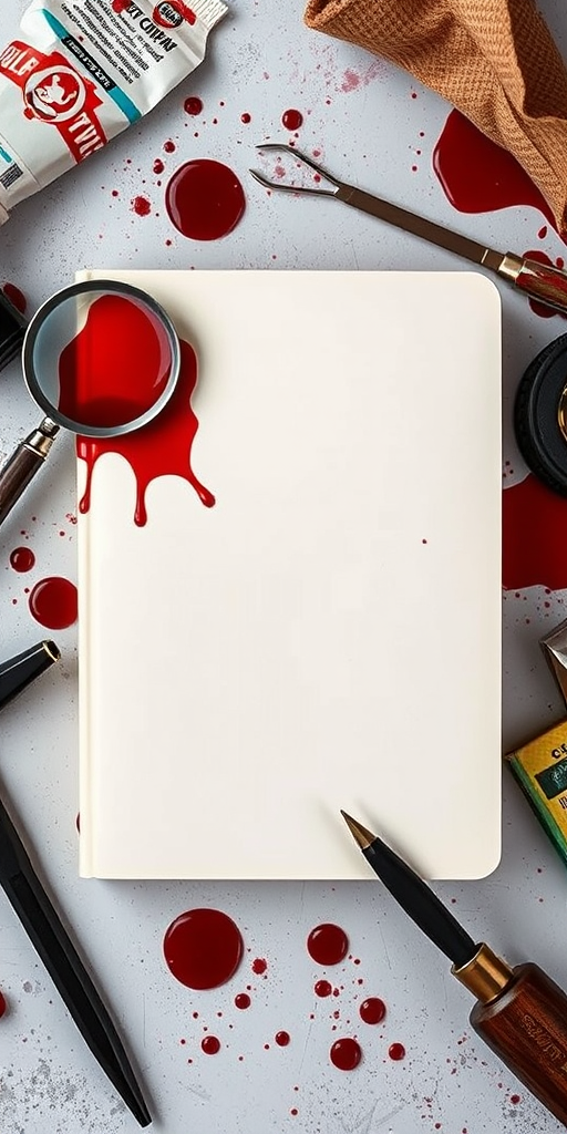 Capture a high-resolution top-down view of a blank book surrounded by crime scene elements like blood splatters, a magnifying glass, and sharp tools, using a DSLR camera, f/2.8 aperture, ISO 100, 50mm lens, and a softbox for diffused lighting.