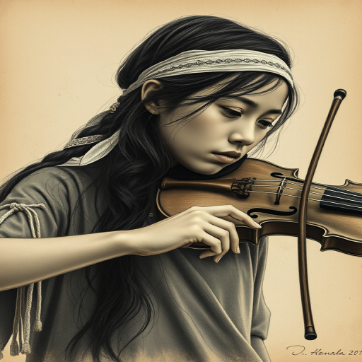 a young First Nations woman with a white headband playing a violin, in the style of a charcoal drawing, sepia grunge background