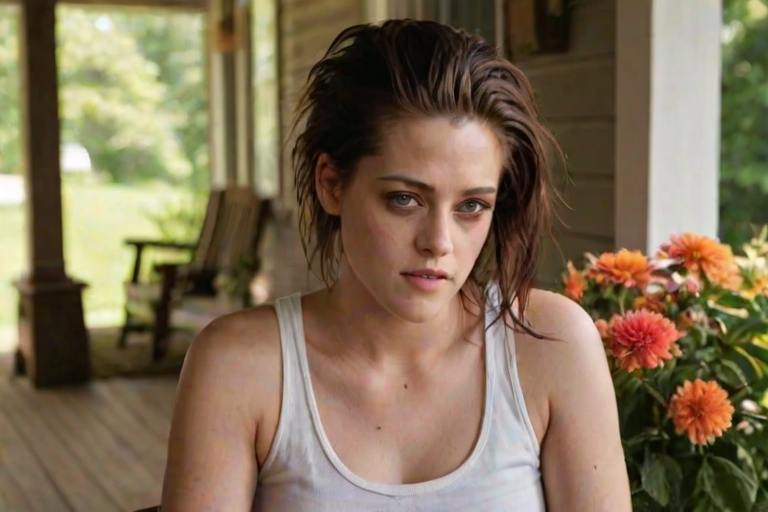 A photo of Kristen Stewart with a background of a cozy porch. She has dark hair pulled back in an updo, with tendrils framing her face. She wears a white tank top and sits on the porch. The porch is part of a well-lit home with a warm, earthy tone and colorful flowers and foliage. The overall scene has a warm, welcoming, and comfortable ambiance.