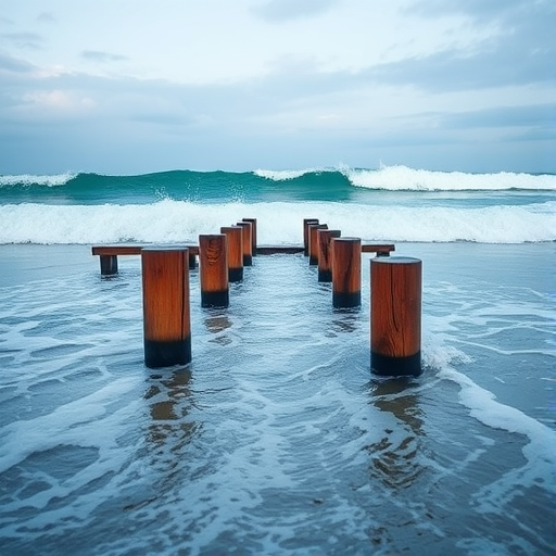 create a seascape image featuring wooden posts extending into rolling ocean waves, captured with a DSLR camera at f/8 aperture, ISO 200, 1/500 shutter speed, using a wide-angle lens from a low perspective to emphasize the foreground and create depth in the scene with dynamic water splashes