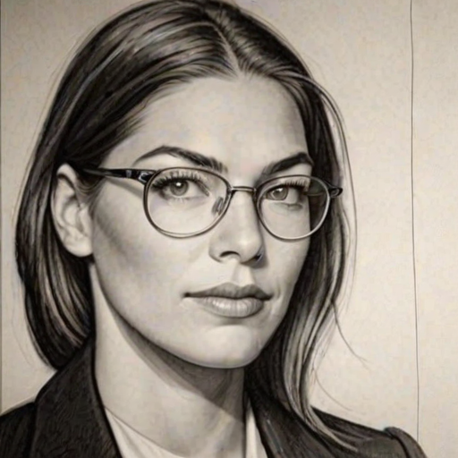 Splendid Hope Solo, pencil sketch, portrait of Fetching woman 1933s in glasses, hair style beatnik, outline, clear lines, fine lines, 8k
