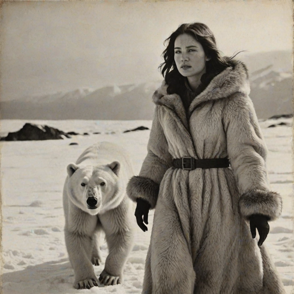 A very old photograph in black and white. The photo is badly damaged, faded, with scratches, tears, smudges and dirt. The photo is ultra-realistic and very detailed. It's a picture of an Arctic warrior. She is walking serenely towards the camera. At her side walks a majestic polar bear. Its fur shines in the sunlight. Snow, ice, sea. wind. snow in the air.