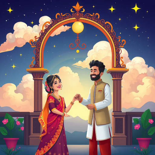 Create a colorful illustration of a joyful couple in traditional attire standing under an ornate archway with stars and clouds in the background, using a DSLR camera, 50mm lens, f/2.8 aperture, ISO 100, daylight settings, and soft focus style.