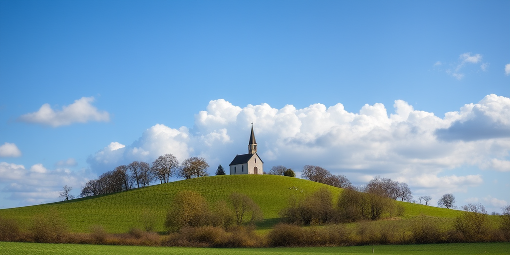 Capture a serene countryside scene featuring a small church on a green hill surrounded by trees under a blue sky with fluffy clouds, using a Canon EOS 5D Mark IV, f/8 aperture, 1/250 sec shutter speed, ISO 100, a 24mm lens, and a wide-angle view to enhance depth and detail.