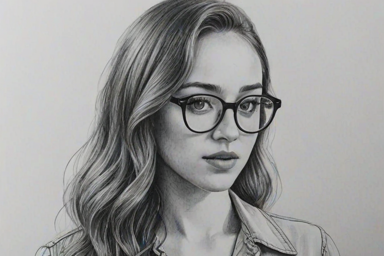 Splendid Alycia Debnam-Carey, pencil sketch, portrait of Alluring woman 1975s in glasses, hair style beatnik, outline, clear lines, fine lines, 8k