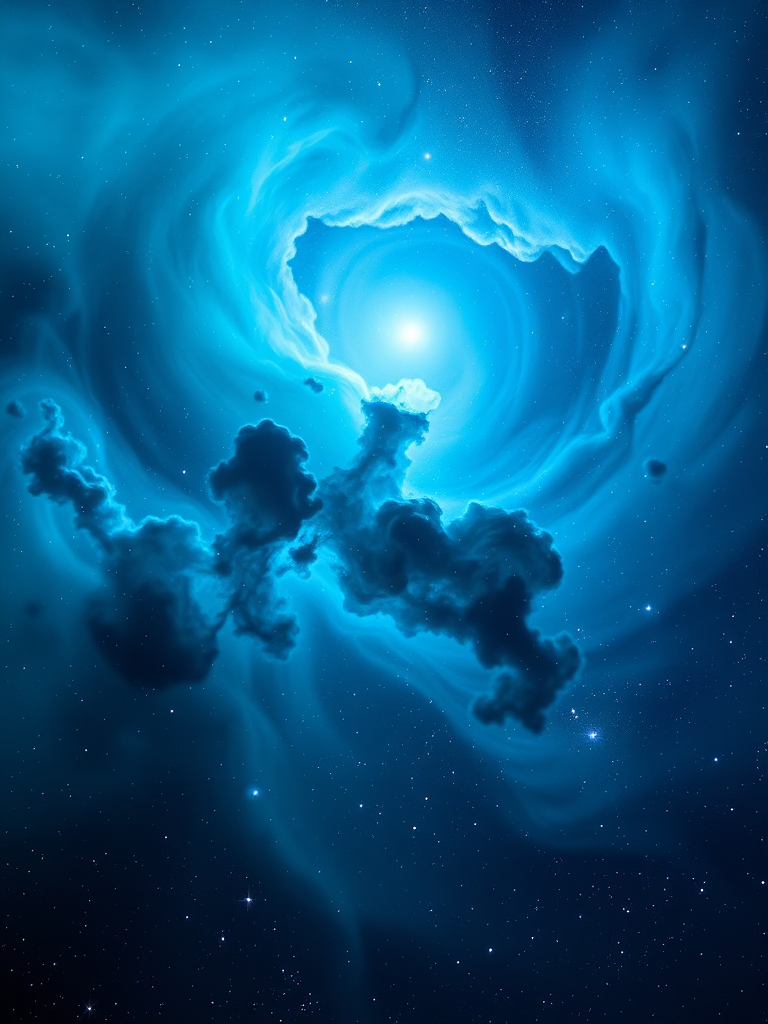 Create a vibrant cosmic nebula with swirling turquoise and blue hues, filled with stars and light effects, shot with a DSLR camera at f/2.8, ISO 800, 24mm lens, in a wide-angle view to capture depth and detail in the celestial scene.