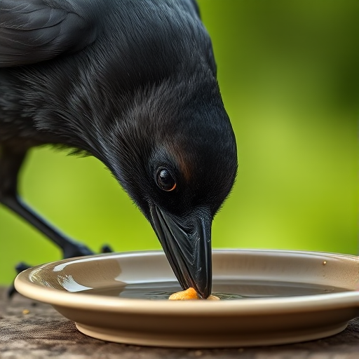 A close-up shot of a black crow drinking from a shallow dish, using a Canon EOS R5, 85mm lens, aperture f/2.8, shutter speed 1/250s, ISO 200, natural light, shallow depth of field, blurred green background for enhanced image quality.