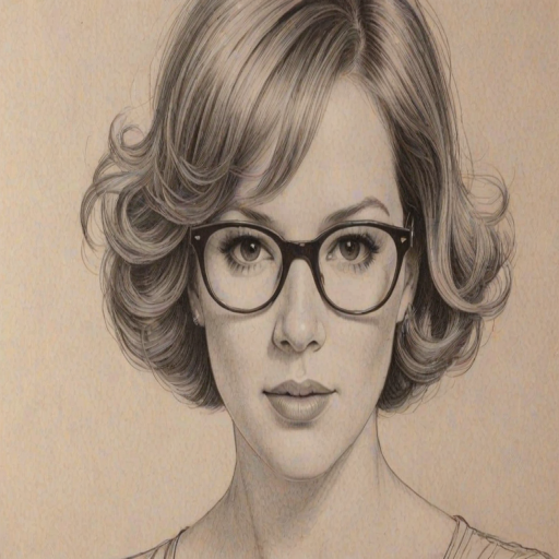 Stunning Molly Ringwald, pencil sketch, portrait of Fetching woman 1955s in glasses, hair style beatnik, outline, clear lines, fine lines, 8k
