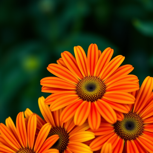 close-up shot of vibrant orange and yellow daisies with detailed petals and centers, f/2.8 aperture, 50mm lens, ISO 100, natural light, macro photography