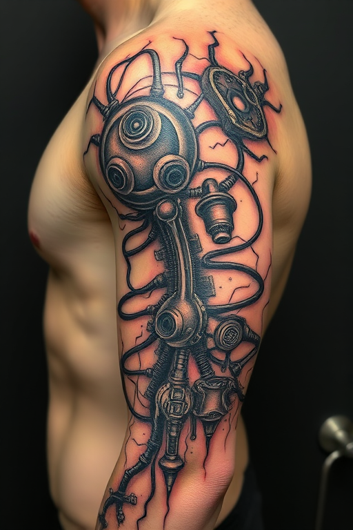 Biomechanical "Cybernetic Fusion" tattoo blending organic forms with mechanical elements, creating the illusion of exposed circuitry and robotic parts beneath the skin