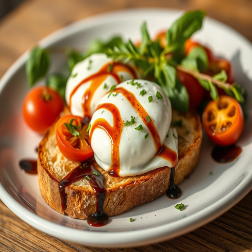 high-quality close-up shot of a beautifully presented dish featuring poached eggs on toasted bread with tomatoes and balsamic drizzle, using a Canon EOS R with a 50mm lens at f/1.8, ISO 200, and 1/200s, soft natural lighting from the side for enhanced texture and detail