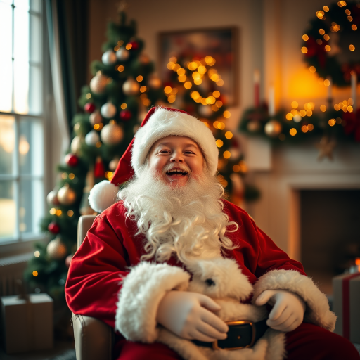 a joyful child sitting on Santa's lap in a beautifully decorated room with a Christmas tree in the background, soft focus, golden hour lighting, 85mm lens, f/1.4 aperture, ISO 200, shallow depth of field, vibrant colors, warm atmosphere, high detail