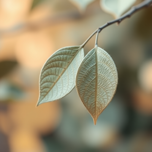 Generate a high-resolution image of two textured leaves in a soft, neutral color palette, with a blurred background, using a DSLR camera at f/2.8 aperture, ISO 100, 50mm lens, and a shallow depth of field for a dreamy effect.