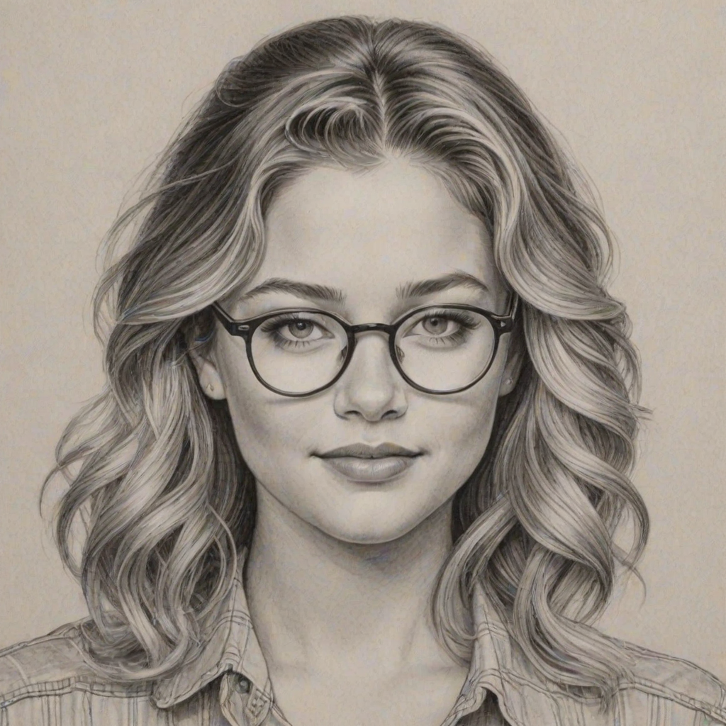 Exquisite Sasha Pieterse, pencil sketch, portrait of Delightful woman 1947s in glasses, hair style beatnik, outline, clear lines, fine lines, 8k