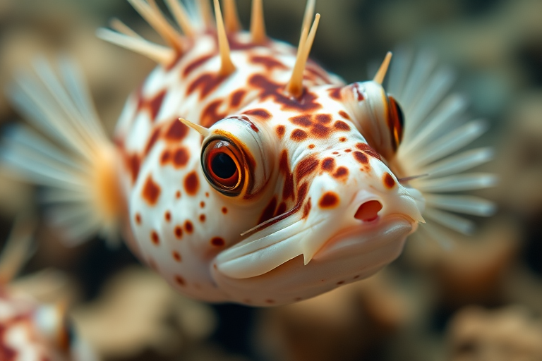 A close-up shot of a pufferfish underwater, showcasing its distinctive spines and vibrant eyes, with a shallow depth of field, natural lighting, using a DSLR camera with a 100mm macro lens, aperture f/2.8, ISO 200, and a shutter speed of 1/125s.