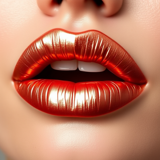 Shimmering rose gold liquid metal lips, named "Gilded Petals," offering intense metallic shine and comfortable wear, ideal for glamorous and sophisticated evening looks