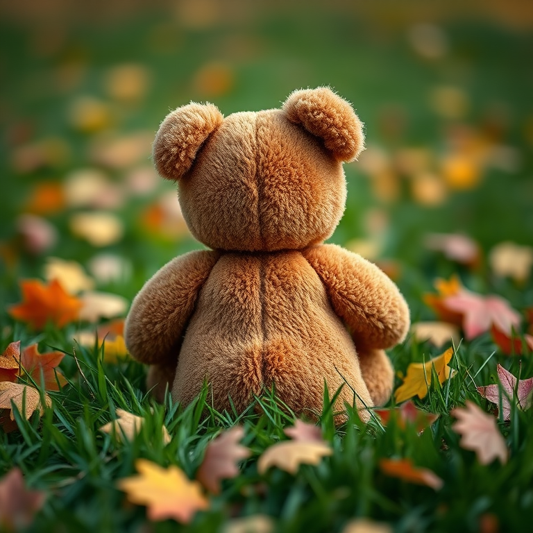 A plush teddy bear sitting on green grass with colorful autumn leaves, soft focus background, shallow depth of field, 50mm lens, f/2.8 aperture, natural light, taken from a low angle to emphasize the bear's back, DSLR camera.