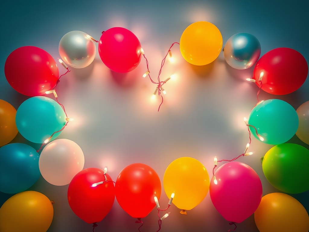 Create a vibrant heart shape made of colorful balloons and lights, shot with a Canon EOS R5 at f/5.6, ISO 100, 1/250s, with a macro lens from a top-down view for maximum detail and clarity.