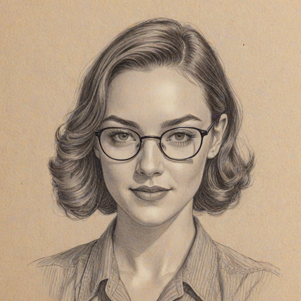 Lovely Violett Beane, pencil sketch, portrait of Beauteous woman 1948s in glasses, hair style beatnik, outline, clear lines, fine lines, 8k
