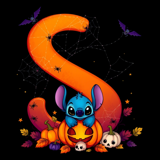 A whimsical and vibrant Halloween-themed digital illustration featuring the letter "S" adorned with spider webs, small bats, and cute spiders. At the base of the letter, a playful alien character similar to Stitch is peeking out from inside a carved pumpkin with glowing eyes, surrounded by additional pumpkins, a small skull, and autumn leaves. The letter is gradient-colored from orange to purple, adding a magical atmosphere to the scene, black background