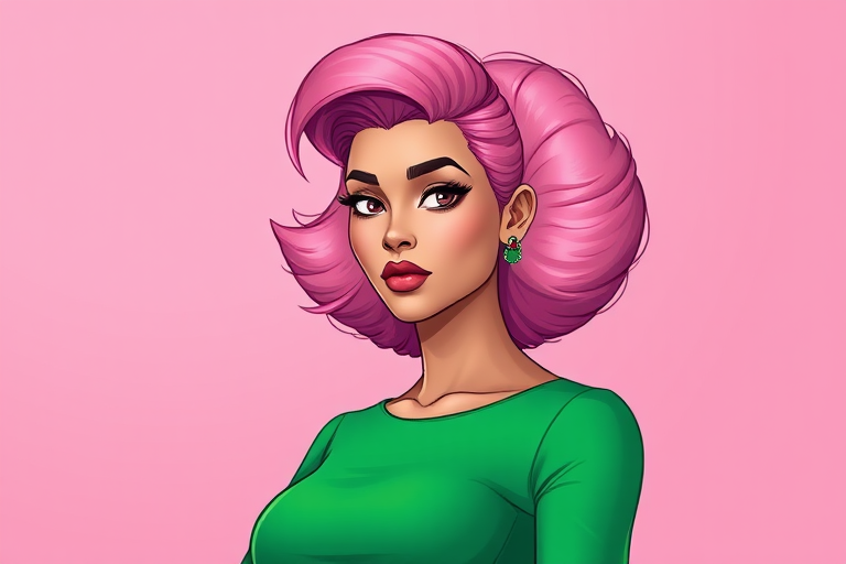 Generate a high-resolution illustration of a confident woman with pink hair styled in a large round shape, wearing a figure-hugging green dress, against a soft pink gradient background; use a DSLR camera with a 50mm lens, aperture f/1.8, ISO 100, shot from a frontal view in vibrant color style to enhance detail and clarity.
