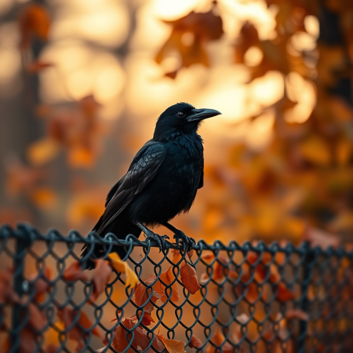 A raven perched on a chain-link fence surrounded by autumn leaves, shot at sunset with a Canon EOS R, 50mm f/1.8 lens, ISO 200, aperture f/2.8, shutter speed 1/500 sec, focus on the bird, shallow depth of field, warm color tones.