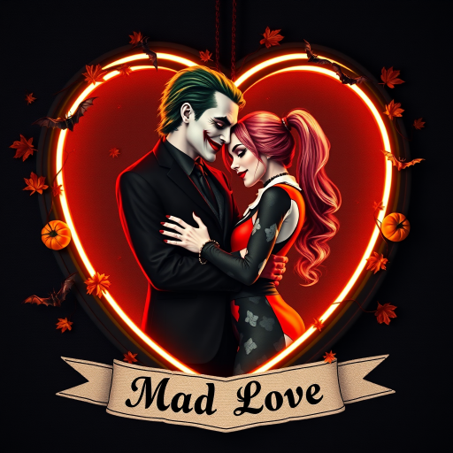 The Joker, neat, wearing a black suit and a beautiful Harley Quinn with long hair, both romantic, hugging and cuddling in the middle of a neon linen black heart frame decorated with dead leaves, bats, and small pumpkins, with a label at the bottom that reads 'Mad Love' made of linen, in a photo realistic style.