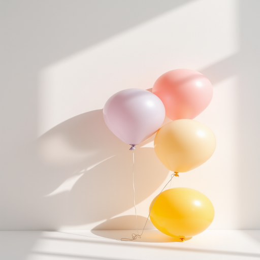 A minimalistic backdrop featuring three balloons in pastel colors (pink, teal, yellow) with soft shadows, shot with a DSLR camera at f/2.8, ISO 100, 50mm lens, natural light, soft focus for enhanced depth.