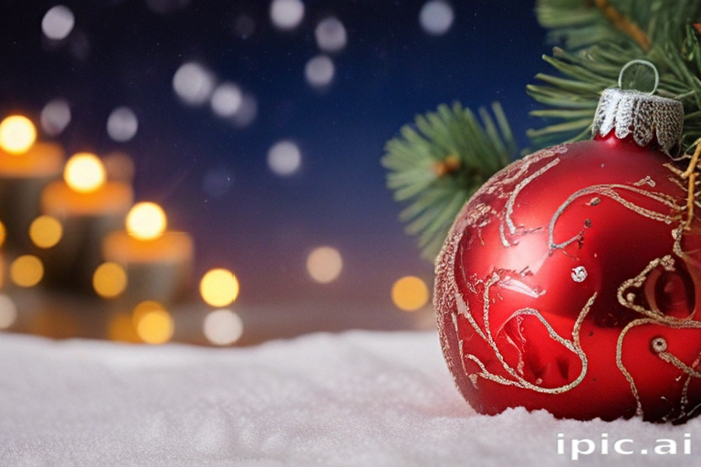 Festive Red Christmas Ornament Surrounded by Snow and Candlelight Glow