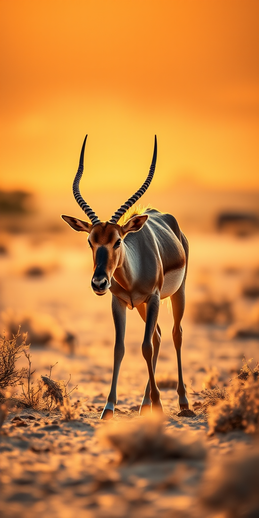 A close-up of an eland antelope walking in a desert landscape during golden hour, using a Canon EOS R5, 85mm lens, f/2.8 aperture, 1/200s shutter speed, ISO 200, shallow depth of field for soft background blur.
