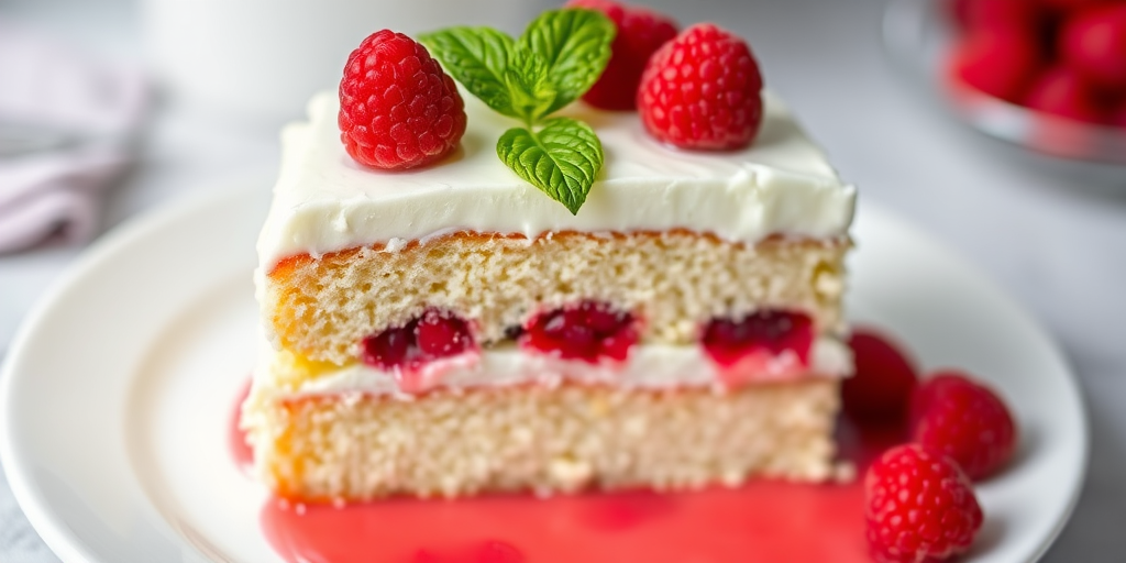 A slice of raspberry coconut cake with creamy white frosting topped with fresh raspberries and mint leaves served on a white plate with raspberry sauce around it showcasing the layered texture and vibrant colors of the dessert.