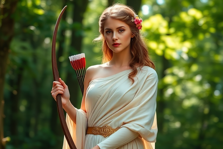 Create a portrait of a goddess-like female figure in a tranquil, forested environment. She has an elegant appearance with long, wavy hair styled in an updo and adorned with a delicate, floral headband. She wears a flowing, ancient Greek-inspired gown in a soft, pale color, featuring a one-shoulder design and draped fabric that accentuates her graceful form. The outfit includes a decorative belt with ornate gold detailing, and she holds a bow in her hand, with a quiver of arrows slung over her shoulder. The background depicts lush greenery, with sunlight filtering through the trees, casting a gentle, ethereal light on the scene. Her expression is calm and contemplative, embodying a sense of wisdom and serenity.