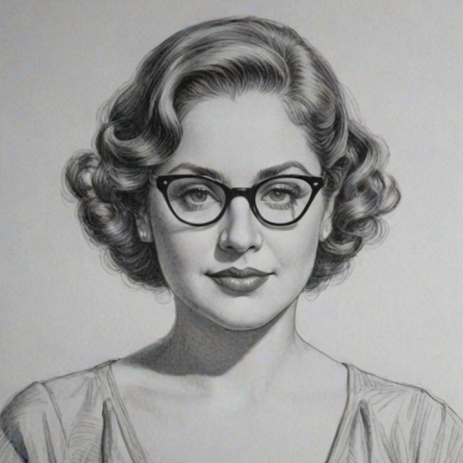 Alluring Marissa Jaret Winokur, pencil sketch, portrait of Elegant woman 1935s in glasses, hair style beatnik, outline, clear lines, fine lines, 8k
