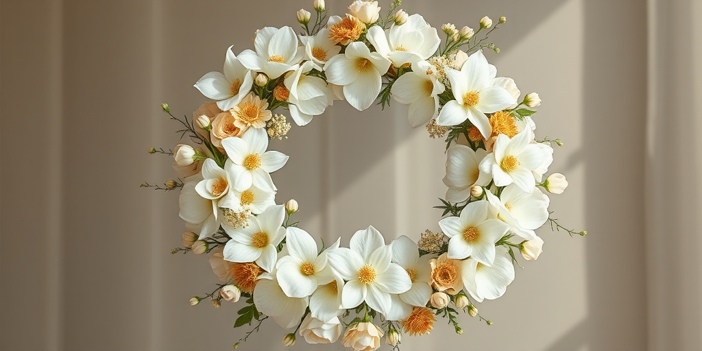 Create a detailed floral wreath with a variety of white flowers and gold accents on a transparent background, using a Canon EOS R5 camera, 50mm lens, aperture f/2.8, ISO 100, and soft natural lighting to enhance clarity and texture.