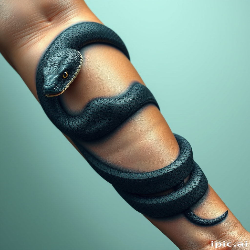 Hyperrealistic 3D snake tattoo coiling around the arm, with incredibly detailed scales and lifelike textures creating the illusion of a living creature on the skin