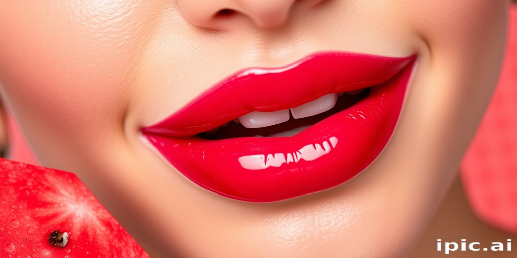 Juicy Watermelon Splash lip style features a sheer, glossy red-pink hue that gives the appearance of freshly bitten lips, perfect for youthful and playful looks