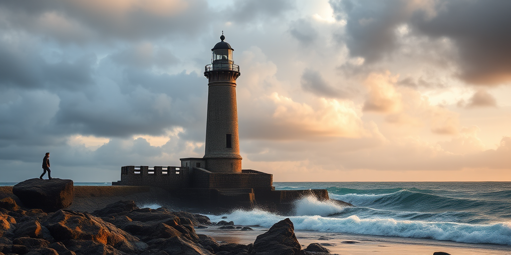 Picturesque old lighthouse standing tall against a dramatic sky, waves crashing against the rocks below, and a solitary figure walking along the shore, evoking a sense of adventure.